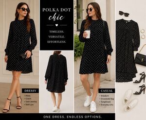 Chaps Polka Dot Shift Dress Large Black White Long Sleeve Keyhole Back Classic C